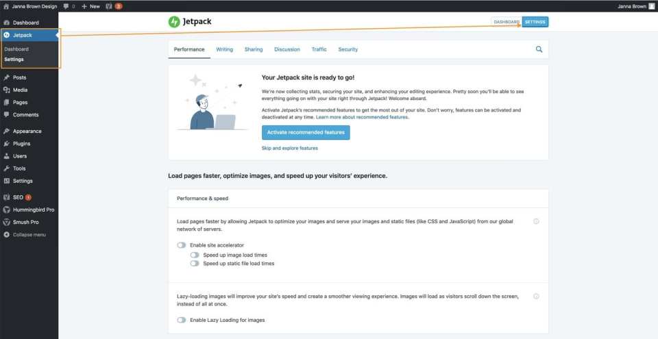Jetpack Plugin settings in the WordPress dashboard