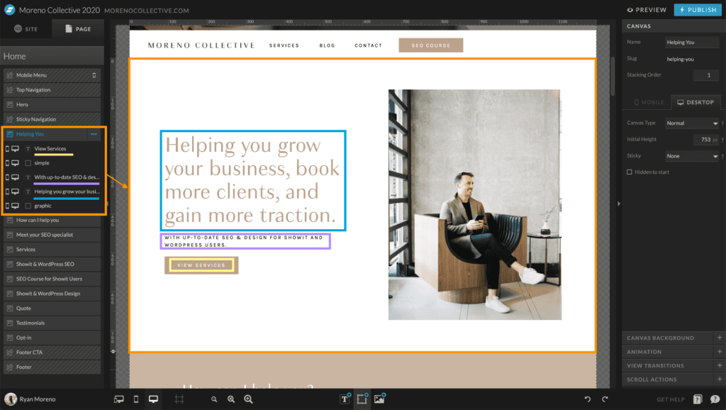 rearranging elements to improve your Showit SEO - Moreno Collective