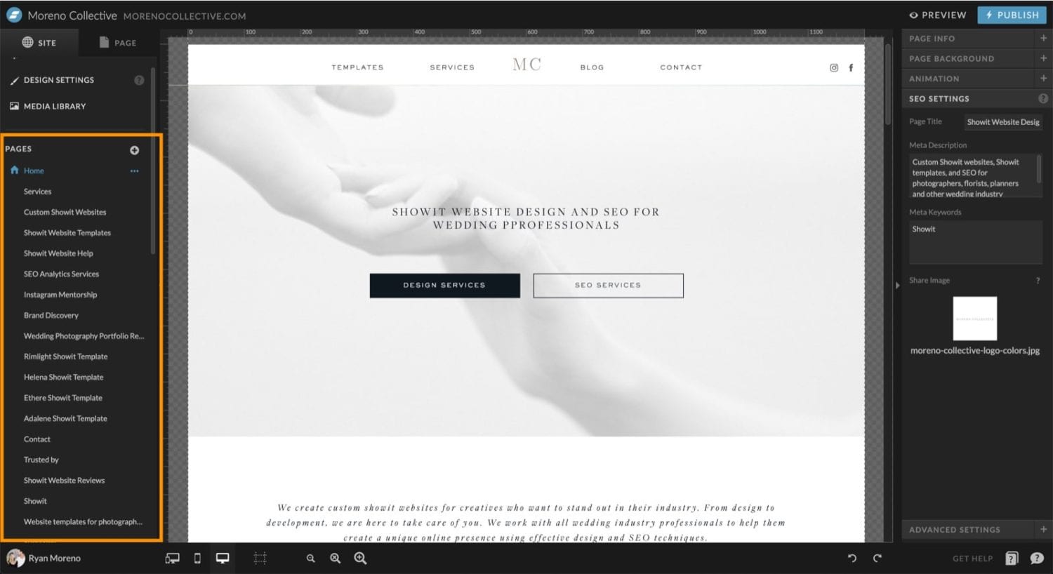 Showit pages in the Showit app - Moreno Collective
