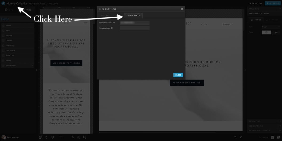 Showit site settings - Installing Google Analytics - Moreno Collective
