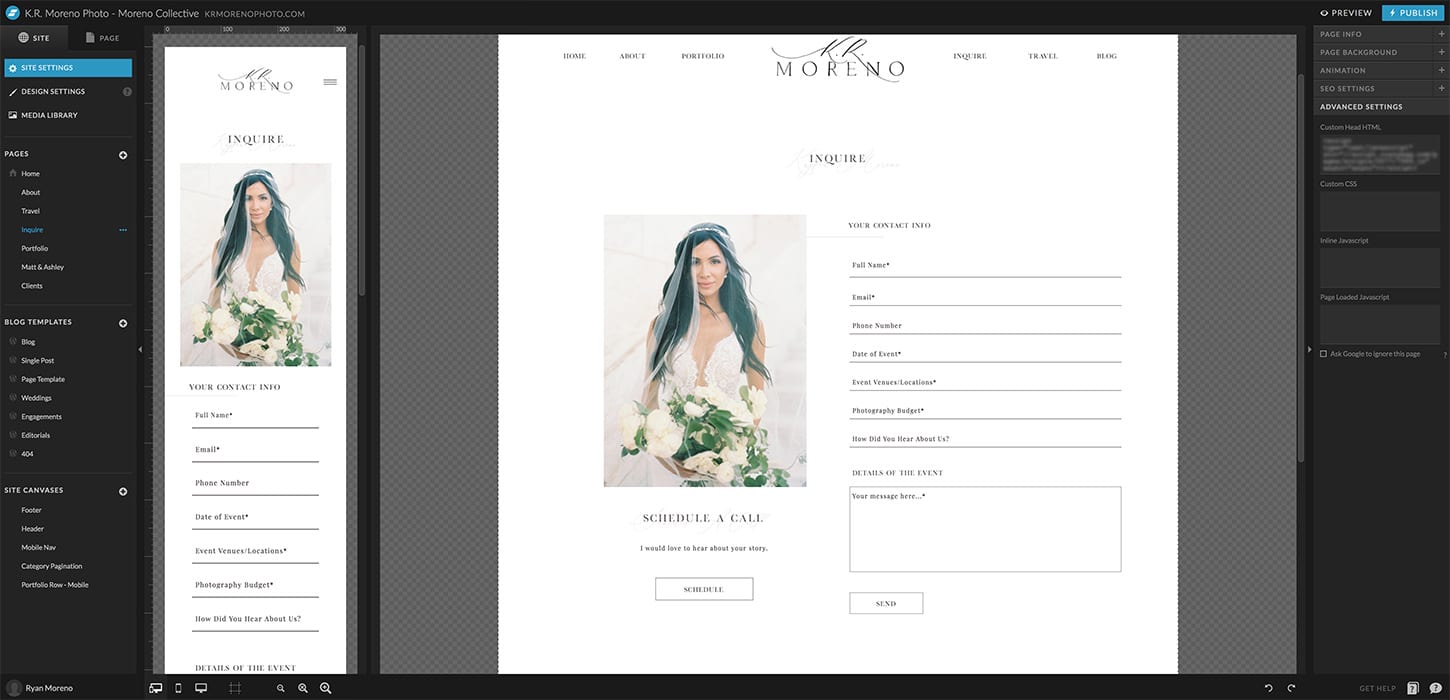 Side by side editor in Showit and WordPress - Moreno Collective