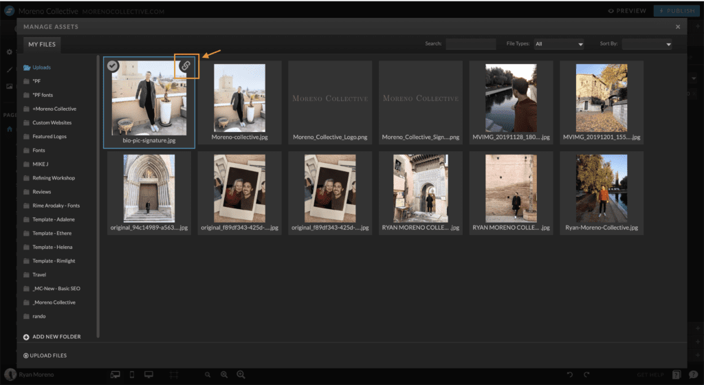 Click the chain link icon to copy the image URL in Showit - Moreno Collective