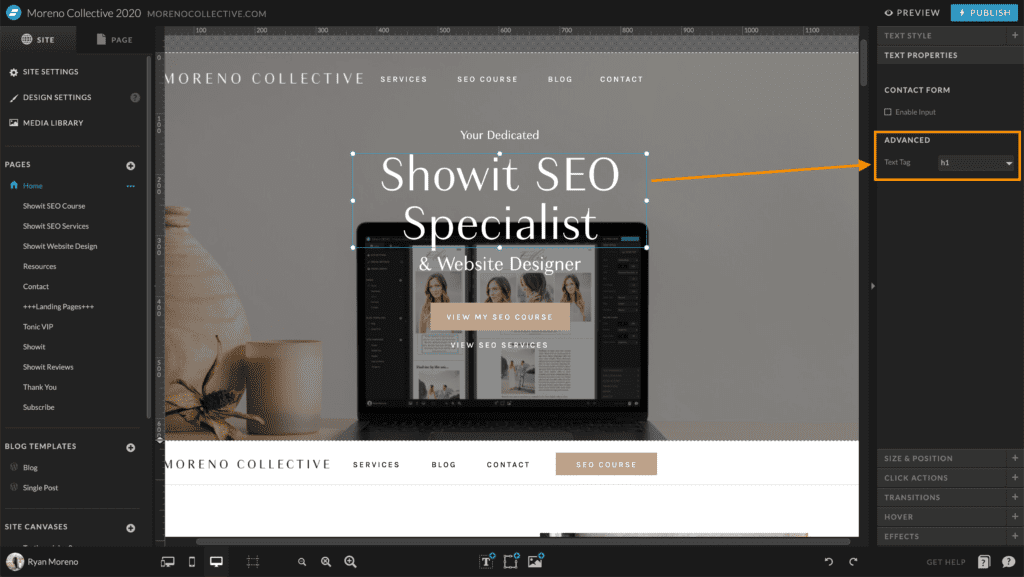 Setting text tags in Showit - SEO for creatives - Moreno Collective