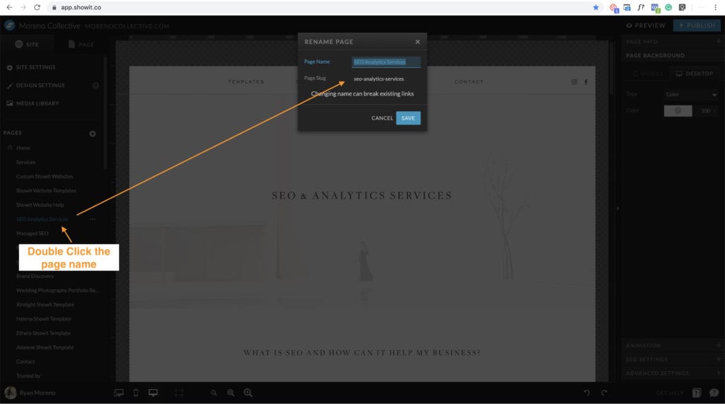 updating the page slugs in Showit - Moreno Collective